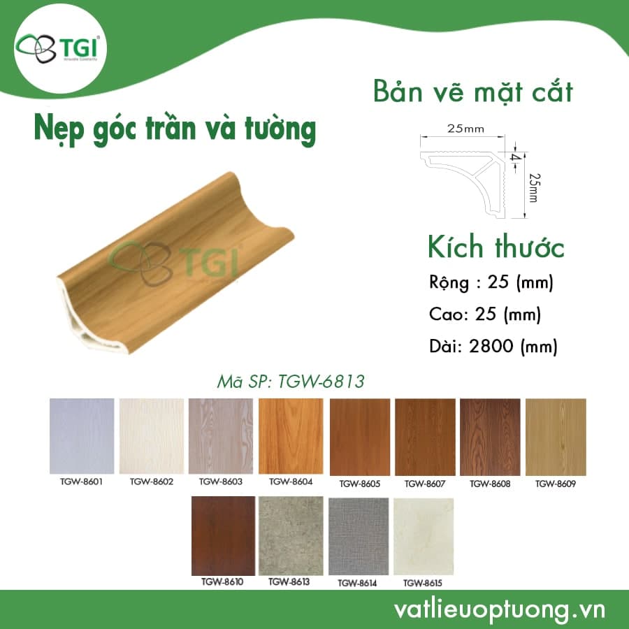 Nẹp góc trần và tường 2.5cm TGW-6813 - vatlieuoptuongpvc.vn